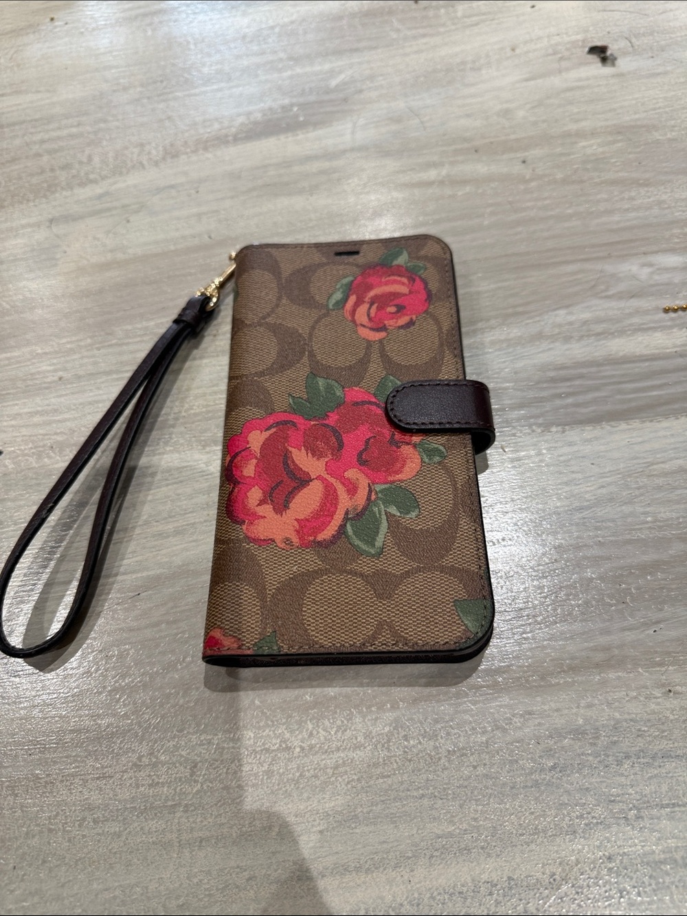 Coach Brown Signature Floral Wristlet IPhone XS/S Case with Red Roses